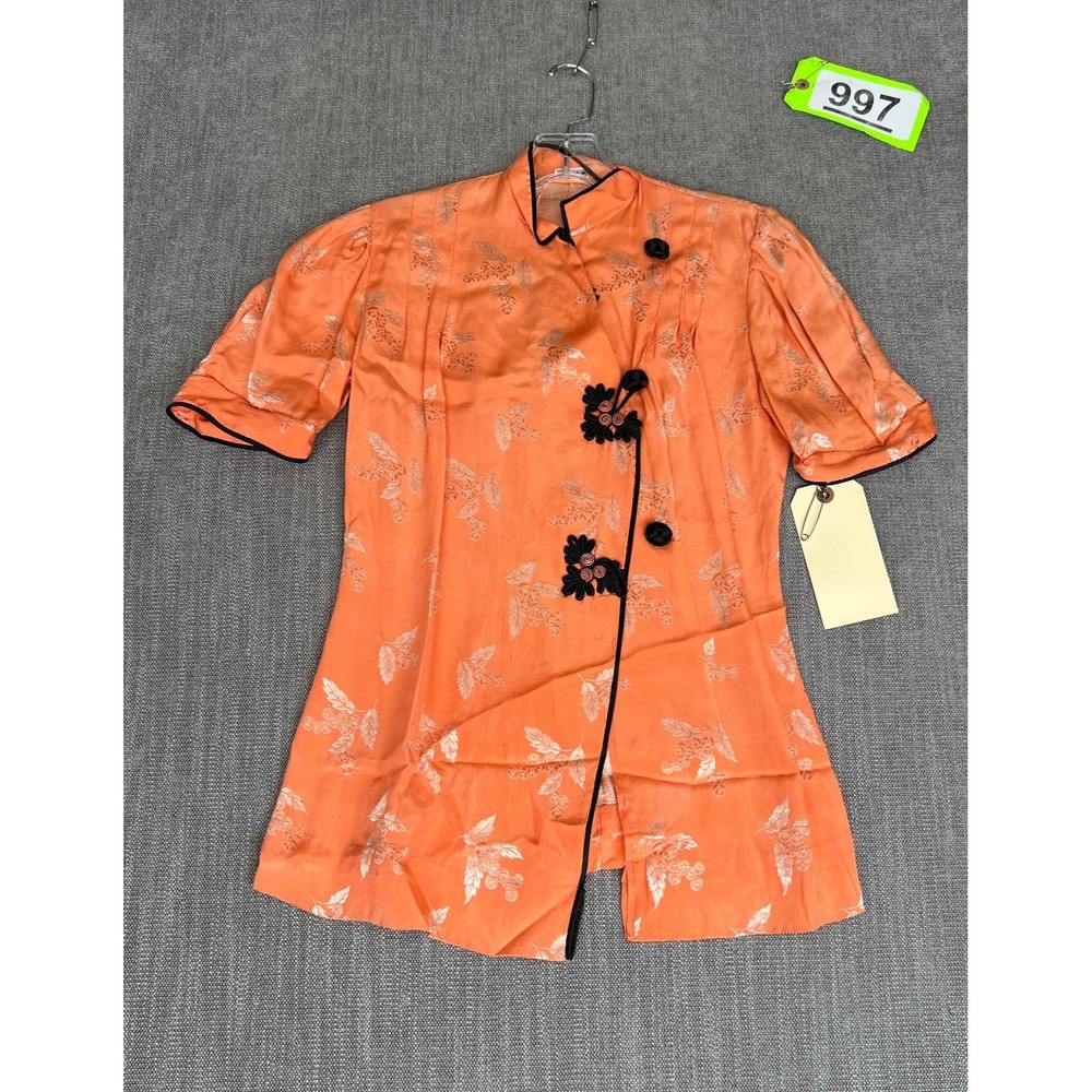 Vintage Women Chinese Top Peach Floral Short Sleeve Mandarin Collar Frog Buttons